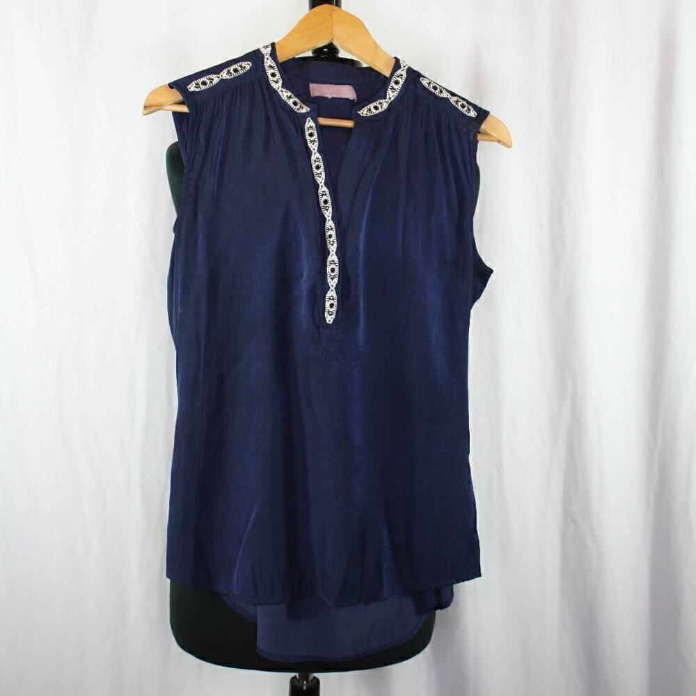 Harper Sleeveless V Neck Blouse Embroidered Grommet Detail Blue White Si…